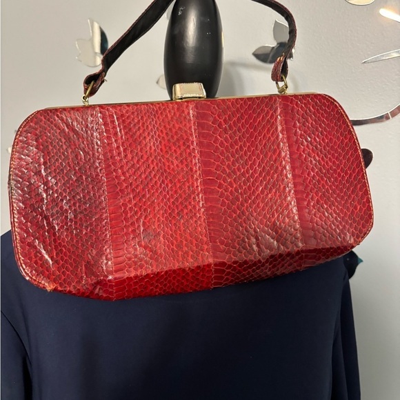None Handbags - Vintage Red Snakeskin Leather Clutch / Handbag — Mid-Century Exotic
